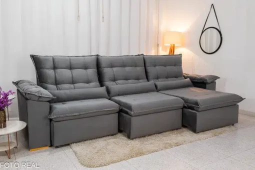Sofá Retrátil Reclinável Emanuelly 3.20m Veludo Cinza 20 - D28 Soft - Imagem 2