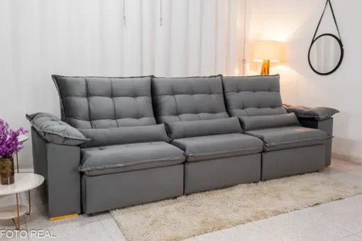 Sofá Retrátil Reclinável Emanuelly 3.20m Veludo Cinza 20 - D28 Soft - Imagem 3