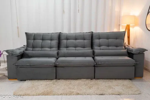 Sofá Retrátil Reclinável Emanuelly 3.20m Veludo Cinza 20 - D28 Soft - Imagem 5