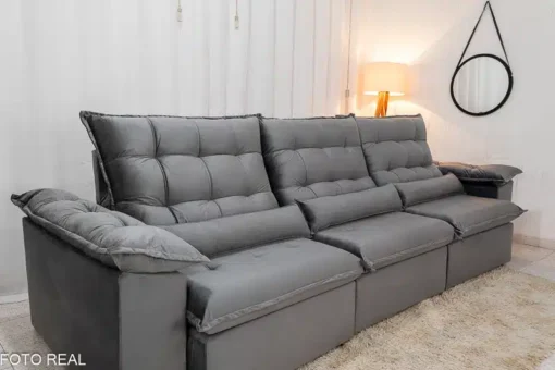 Sofá Retrátil Reclinável Emanuelly 3.20m Veludo Cinza 20 - D28 Soft - Imagem 6