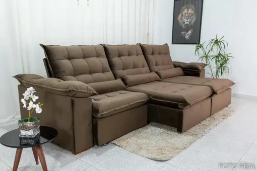Sofá Retrátil Reclinável Emanuelly 3.20m Veludo Marrom - D28 Soft - Imagem 2