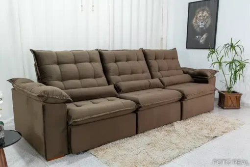 Sofá Retrátil Reclinável Emanuelly 3.20m Veludo Marrom - D28 Soft - Imagem 4