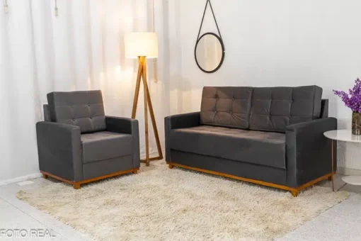 Sofá Áustria 3 Lugares + Poltrona Áustria Veludo Grafite