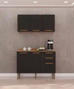 Combo Armário de Cozinha Aéreo 3 portas + Balcão 1.20 New Valência - Cinamomo/Preto