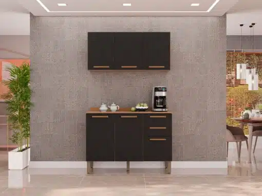 Combo Armário de Cozinha Aéreo 3 portas + Balcão 1.20 New Valência - Cinamomo/Preto