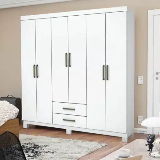 Roupeiro Solteiro Áries Branco 6 Portas 2 Gavetas C/Pés Larg. 1.53m - Carioca