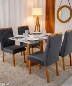 Mesa Pedro Mel Vidro OFF 120×80 4 Cadeiras Genova Veludo Cinza 507 Madeira Maciça Art Assento - Entregue Montada