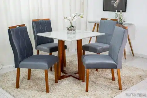 Mesa de Jantar Pedro Mel Vidro Off 90×90 4 Cadeiras Lisboa Veludo Cinza 507 Madeira Maciça Art Assento - Entregue Montada