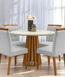 Mesa Redonda Berlim 100 Cinamono/Off White com 4 Cadeiras Sophia Linho Cinza Prata 206 – CEL MÓVEIS + WM DECOR