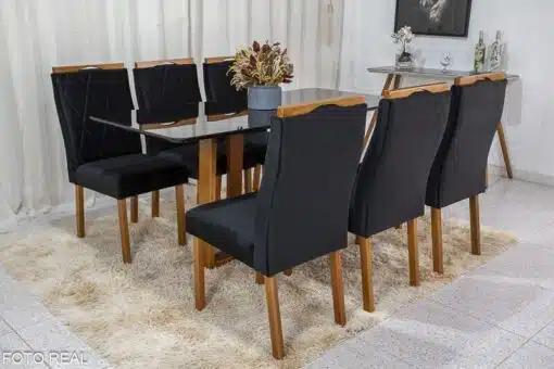 Mesa de Jantar Pedro Mel Vidro Preto 160×80 6 Cadeiras Lisboa Veludo Preto 504 Madeira Maciça Art Assento - Entregue Montada - Imagem 2
