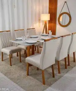 Mesa Pedro Mel Vidro OFF 160×80 6 Cadeiras Genova Veludo Bege 512 Madeira Maciça Art Assento - Entregue Montada