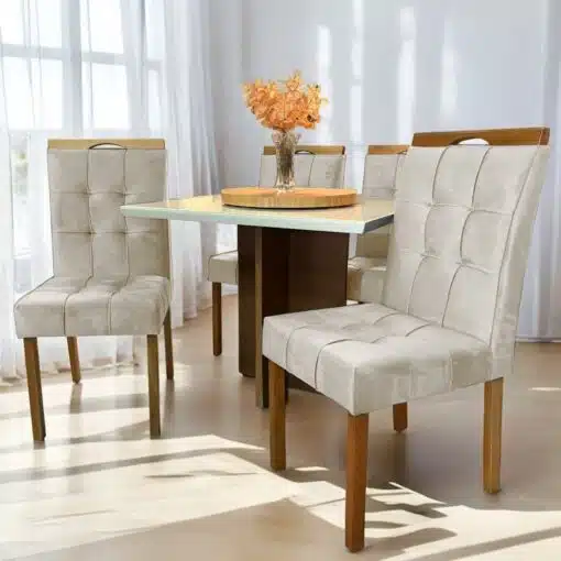 Mesa Salinas 120 Cinamomo/Off White com 4 Cadeiras Sophia Veludo Bege – AVALON DECOR + WM DECOR