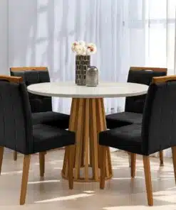 Mesa Redonda Berlim 100 Cinamono/Off White com 4 Cadeiras Sophia Veludo Preto – CEL MÓVEIS + WM DECOR