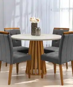 Mesa Redonda Berlim 100 Cinamono/Off White com 4 Cadeiras Sophia Veludo Cinza Grafite– CEL MÓVEIS + WM DECOR