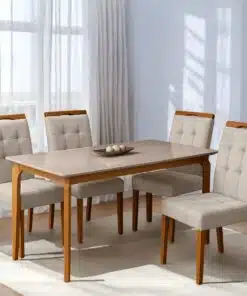 Mesa Alegra 120 Cinamomo/Off White com 4 Cadeiras Sophia Veludo Bege – JCM MOVELARIA + WM DECOR