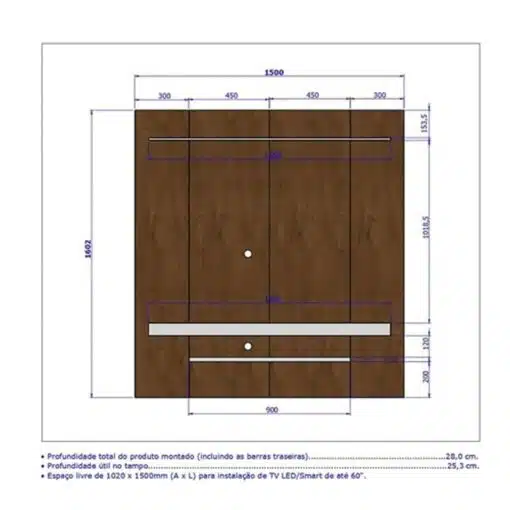 Painel Leme TV até 60 Polegadas Larg. 1.50m Impressão Ripada 3D Cinamomo/Ripado/Off White Bechara - Imagem 2