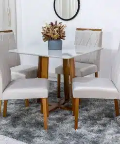 Mesa de Jantar Pedro Mel Vidro Off 90×90 4 Cadeiras Lisboa Veludo Bege 512 Madeira Maciça Art Assento - Entregue Montada