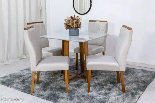Mesa de Jantar Pedro Mel Vidro Off 90×90 4 Cadeiras Lisboa Veludo Bege 512 Madeira Maciça Art Assento - Entregue Montada