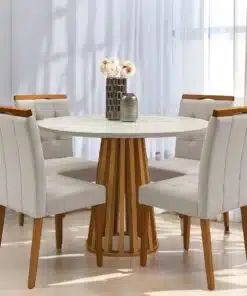 Mesa Redonda Berlim 100 Cinamono/Off White com 4 Cadeiras Sophia Veludo Bege – CEL MÓVEIS + WM DECOR