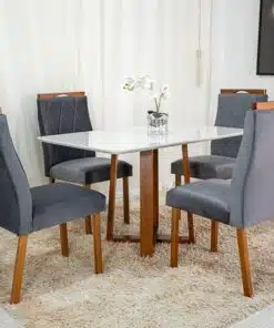 Mesa de Jantar Pedro Mel Vidro Off 120×80 4 Cadeiras Lisboa Veludo Cinza 507 Madeira Maciça Art Assento - Entregue Montada