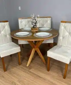 Mesa de Jantar Simpatia 1.08x1.08 Circular Com 4 cadeiras Jasmim - Cinamomo/Bege