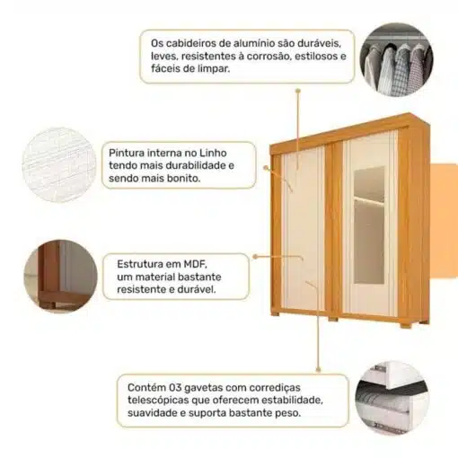Roupeiro Heloisa Nature/Off 2 Portas C/ 1 Espelho e Pés 100% MDF Larg. 1.80m - ACP - Imagem 3
