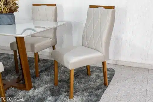 Mesa de Jantar Pedro Mel Vidro Off 120×80 4 Cadeiras Lisboa Veludo Bege 512 Madeira Maciça Art Assento - Entregue Montada - Imagem 4