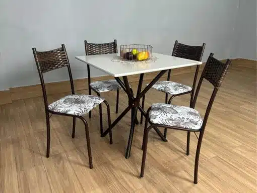 Conjunto Mesa Tubular Macaé Tampo Quadrado Com 4 Cadeiras Ratam  - Marrom/Off White