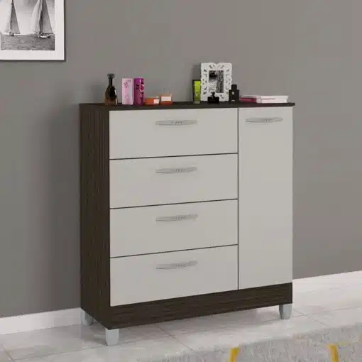 Cômoda com 1 Porta 4 Gavetas Chocolate/Off Larg. 0.86m - Poquema