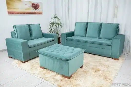 Sofá 3 e 2 lugares França com Puff Veludo Verde A40 Larg. 1.86m