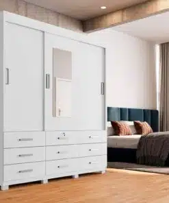 Guarda-Roupa Itapema II 3 portas de correr com espelho 9 gavetas - Branco