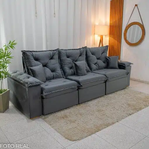 Sofá Retrátil Reclinável Porto Madri 2.70m Veludo Cinza - D28 Pró Aditivada - Imagem 4