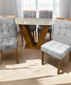 Mesa Classic 120 Cinamomo/Off White com 4 Cadeiras Sophia Mel/Linho Cinza Grafite – CEL MÓVEIS + WM DECOR