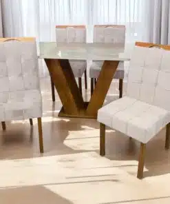 Mesa Classic 120 Cinamomo/Off White com 4 Cadeiras Sophia Mel/Veludo Bege – CEL MÓVEIS + WM DECOR