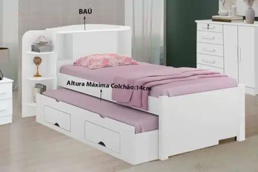 Roupeiro Merídian Branco 2 Portas + Cômoda Firenze Branco + Cama Solteiro Milênio Branca + Cama Auxiliar 2 Gavetas Branca - D Doro - Imagem 6