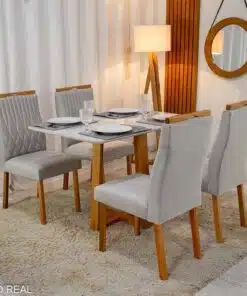 Mesa Pedro Mel Vidro OFF 120×80 4 Cadeiras Genova Veludo Prata 514 Madeira Maciça Art Assento - Entregue Montada