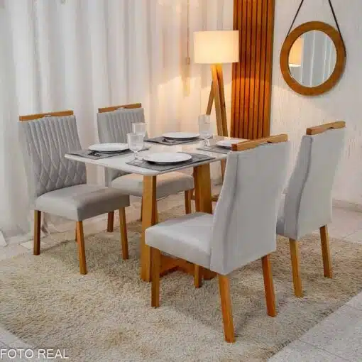 Mesa Pedro Mel Vidro OFF 120×80 4 Cadeiras Genova Veludo Prata 514 Madeira Maciça Art Assento - Entregue Montada