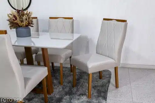 Mesa de Jantar Pedro Mel Vidro Off 160×80 6 Cadeiras Lisboa Veludo Bege 512 Madeira Maciça Art Assento - Entregue Montada - Imagem 4