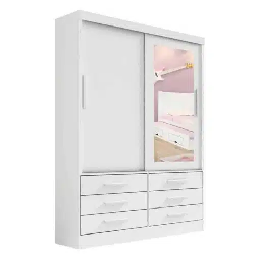 Roupeiro Solteiro Merídian Branco 2 portas c/ 1 Espelho 6 Gavetas Larg. 1.35m - D Doro