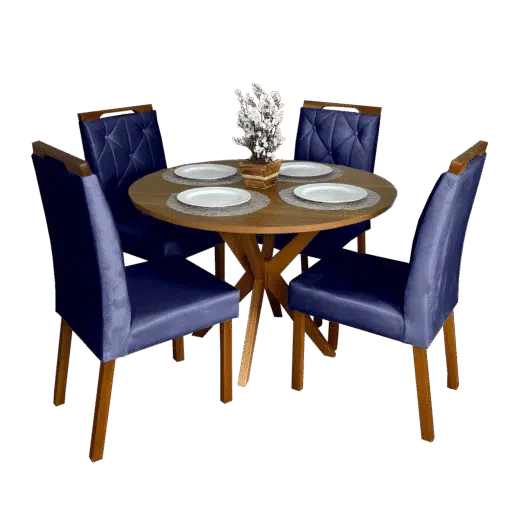 Mesa Redonda Simpatia 108 Cinamono com 4 Cadeiras Yasmim Veludo Azul – JCM MOVELARIA + KM DECOR - Imagem 2