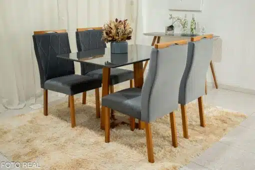 Mesa de Jantar Pedro Mel Vidro Grafite 120×80 4 Cadeiras Lisboa Veludo Cinza 507 Madeira Maciça Art Assento - Entregue Montada - Imagem 2
