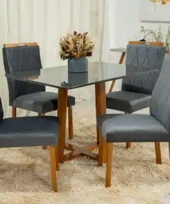 Mesa de Jantar Pedro Mel Vidro Grafite 120×80 4 Cadeiras Lisboa Veludo Cinza 507 Madeira Maciça Art Assento - Entregue Montada