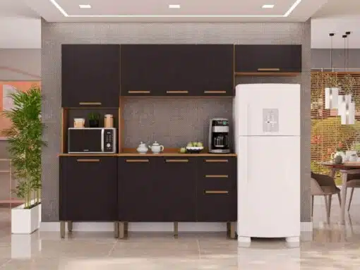 Cozinha Completa New Valência com Aéreo Triplo 4 peças - Cinamomo/Preto