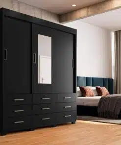 Guarda-Roupa Itapema II 3 portas de correr com espelho 9 gavetas- Preto