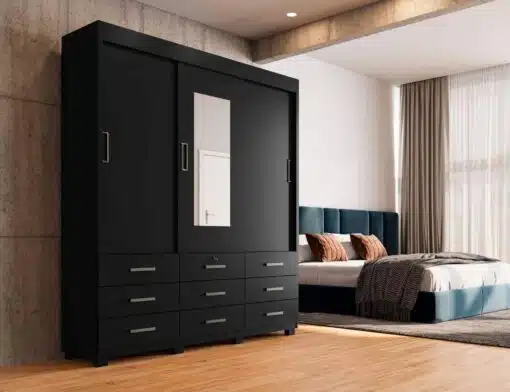 Guarda-Roupa Itapema II 3 portas de correr com espelho 9 gavetas- Preto