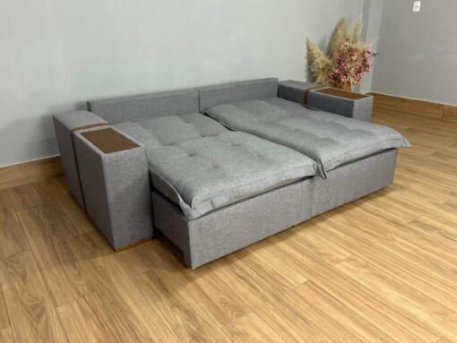 Sofá Cama Retrátil Reclinável Gabriella 2,30m - Cinza Linho / Marrom Courino - Imagem 3