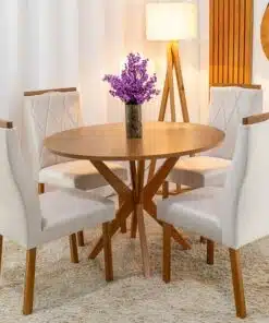 Mesa de Jantar Simpatia Tampo Redondo 108×108 Cinamomo JCM 4 Cad. Lisboa Veludo Bege 512 Madeira Maciça Art Assento - Entregue Montada