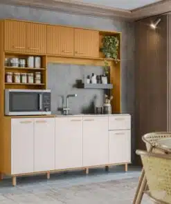 Armário Kit de Cozinha Núria 9 Portas 1 Gaveta - Freijo Ripado/Off white