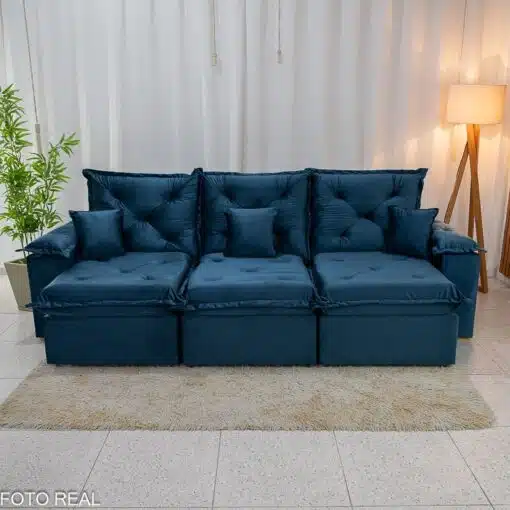 Sofá Retrátil Reclinável Porto Madri 2.70m Veludo Azul - D28 Pró Aditivada - Imagem 5
