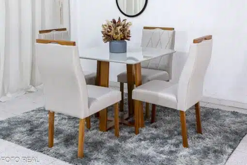 Mesa de Jantar Pedro Mel Vidro Off 90×90 4 Cadeiras Lisboa Veludo Bege 512 Madeira Maciça Art Assento - Entregue Montada - Imagem 3